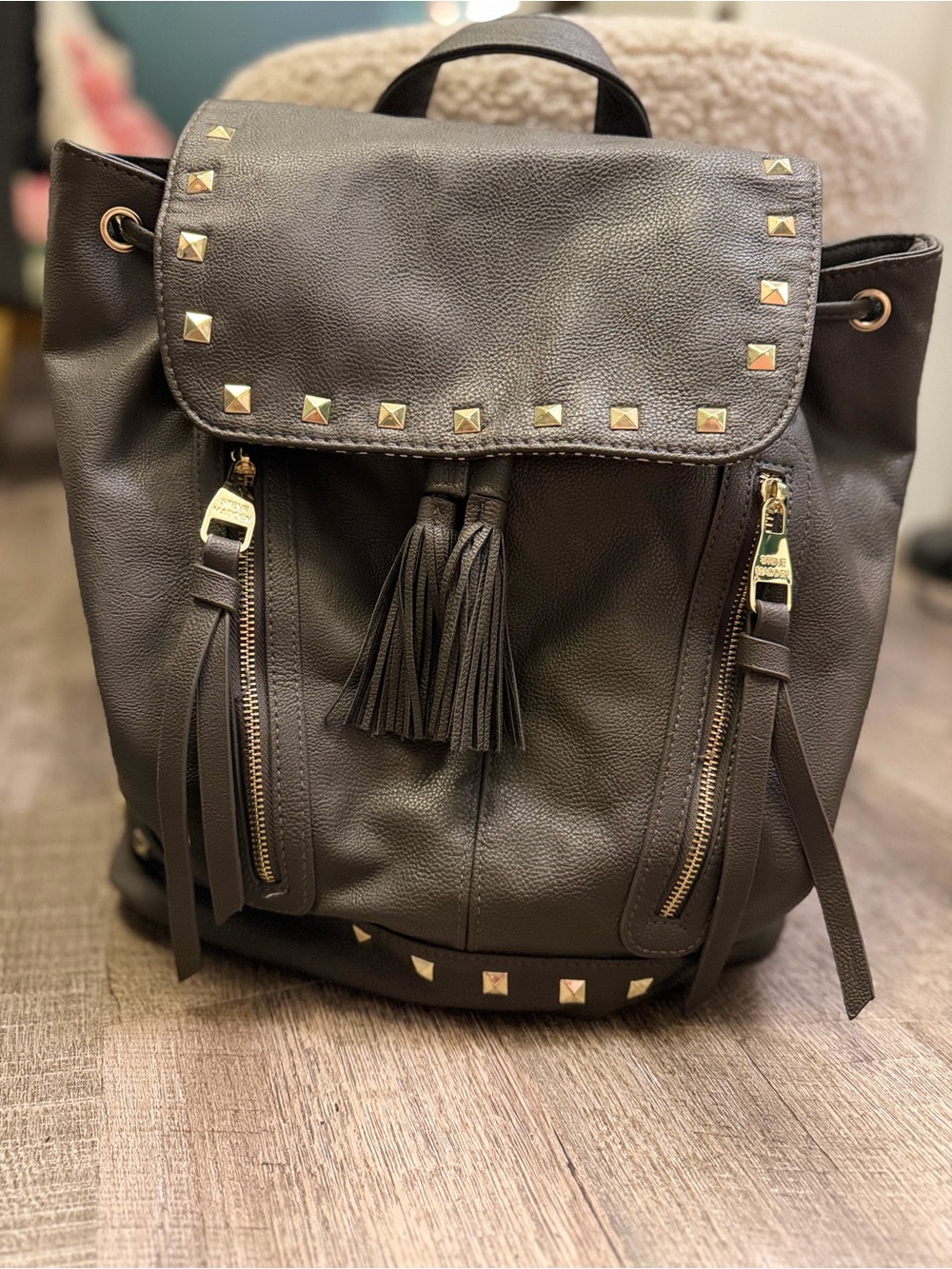 Steve Madden Gray Studded Tassel Backpack EUC